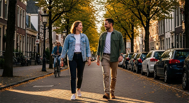 Man en vrouw lopen op straat