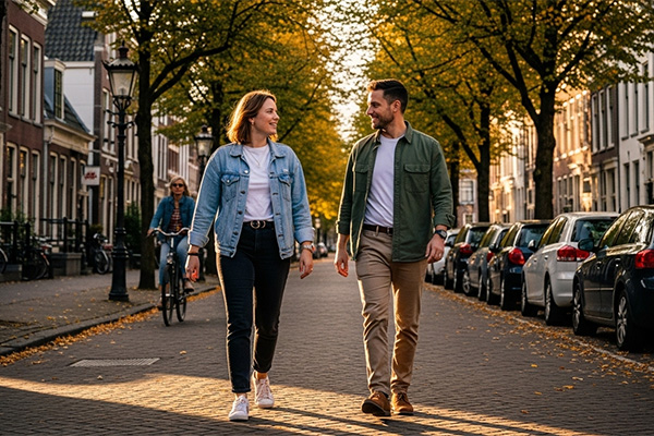 Man en vrouw lopen op straat