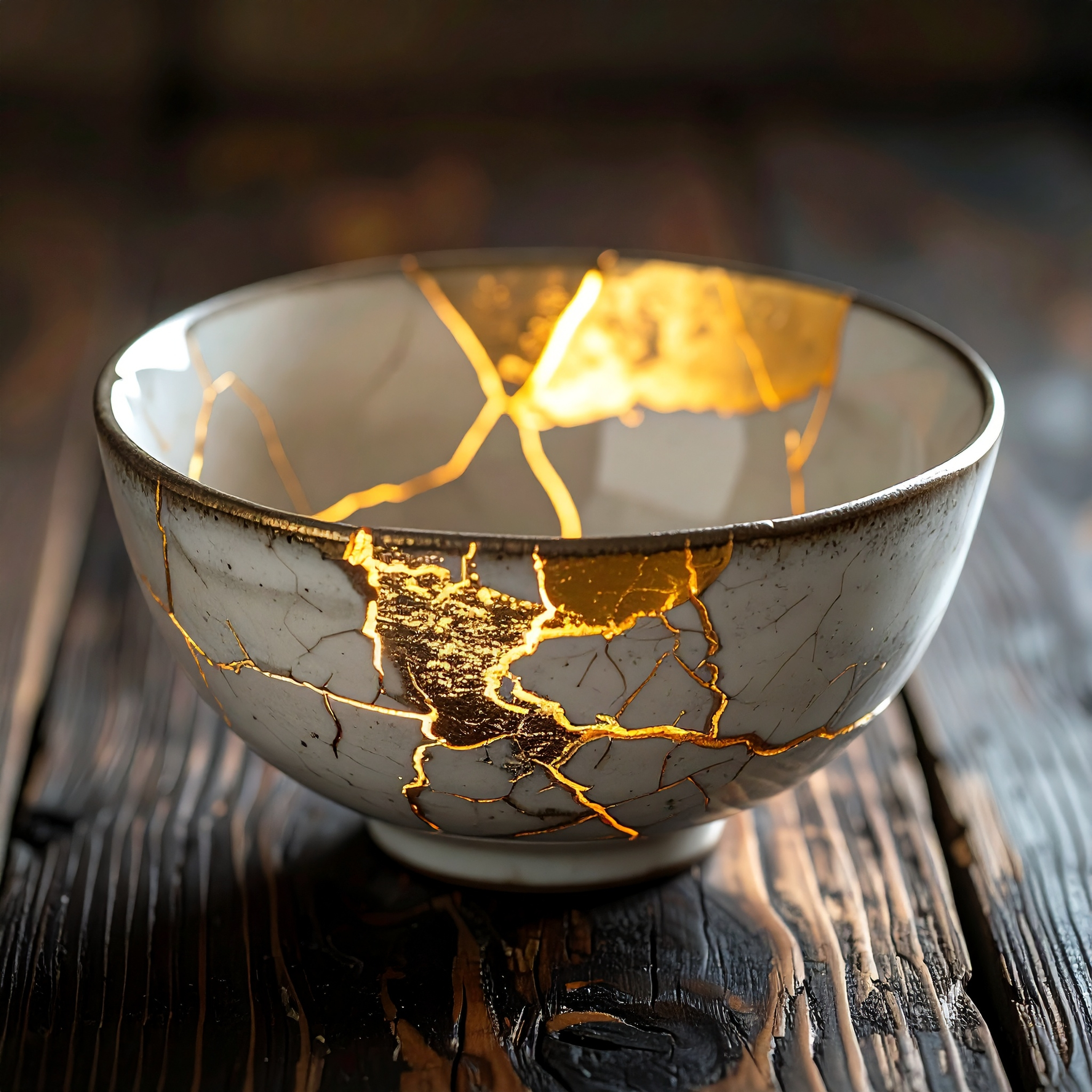 Kintsugi is de Japanse kunst van het repareren van gebroken keramiek. Breuklijnen worden benadrukt in plaats van verborgen.