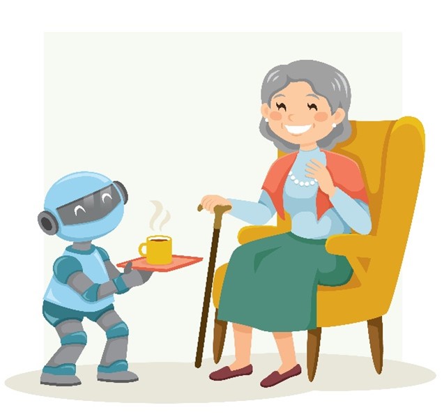 Op de tekening staat een robotje afgebeeld, die koffie geeft aan een oudere dame in een leunstoel.
